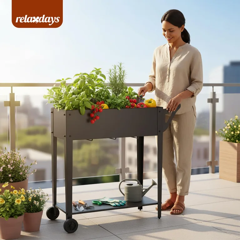 Relaxdays Hochbeet, mit Ablage, 2 Räder, Garten, Balkon & Terrasse, HxBxT: 80 x 85 x 50 cm, mobiles Tischbeet, anthrazit – Bild 5