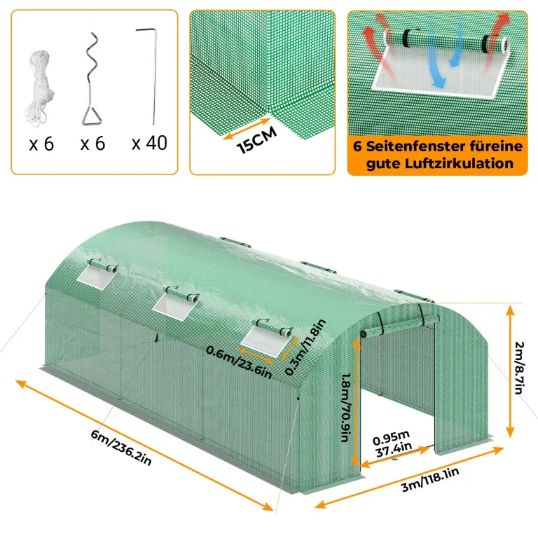 Gewächshaus Foliengewächshaus 3 × 6 m - 18 m² mit Verzinktrohrfundament inkl. Erdanker & 4 Aufrollbare Fenster mit Moskitonetz & 140 g/m² UV-beständig Tomatengewächshaus Greenhouse – Bild 2