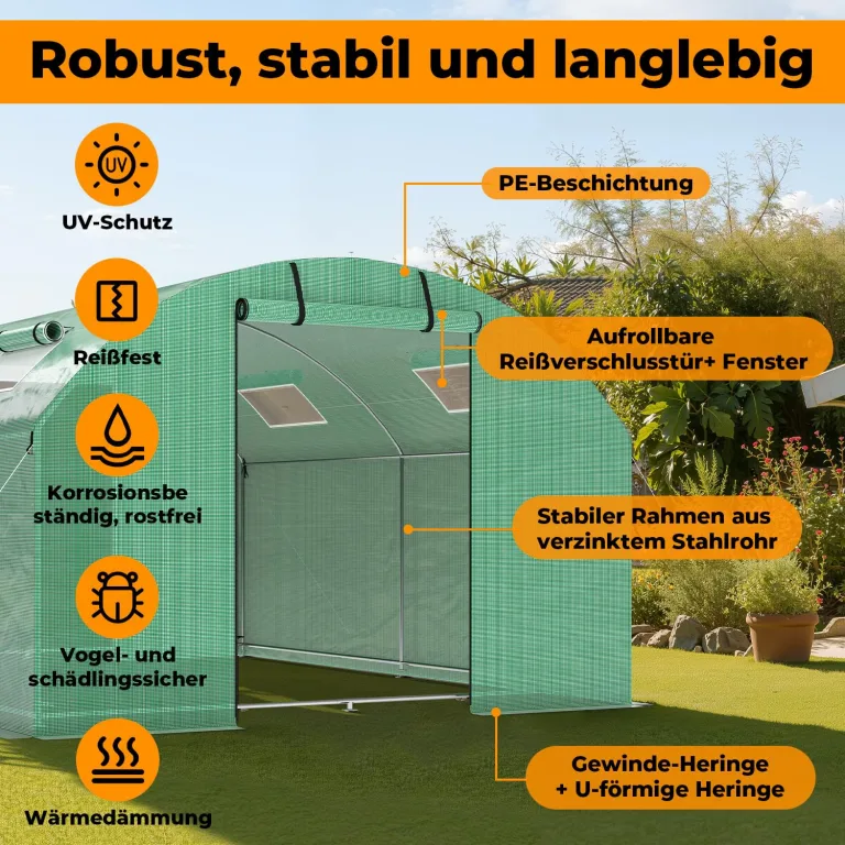 Gewächshaus Foliengewächshaus 3 × 6 m - 18 m² mit Verzinktrohrfundament inkl. Erdanker & 4 Aufrollbare Fenster mit Moskitonetz & 140 g/m² UV-beständig Tomatengewächshaus Greenhouse – Bild 4