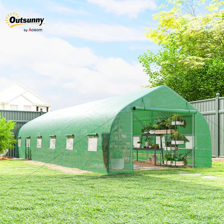 Outsunny Garten-Gewächshaus, Tunnel, 24 ㎡, groß, 8 x 3 x 2 m, mit PE-Plane, verzinkter Stahlrahmen, Ø 24 mm, aufrollbare Tür und 12 Fenster, Grün – Bild 2