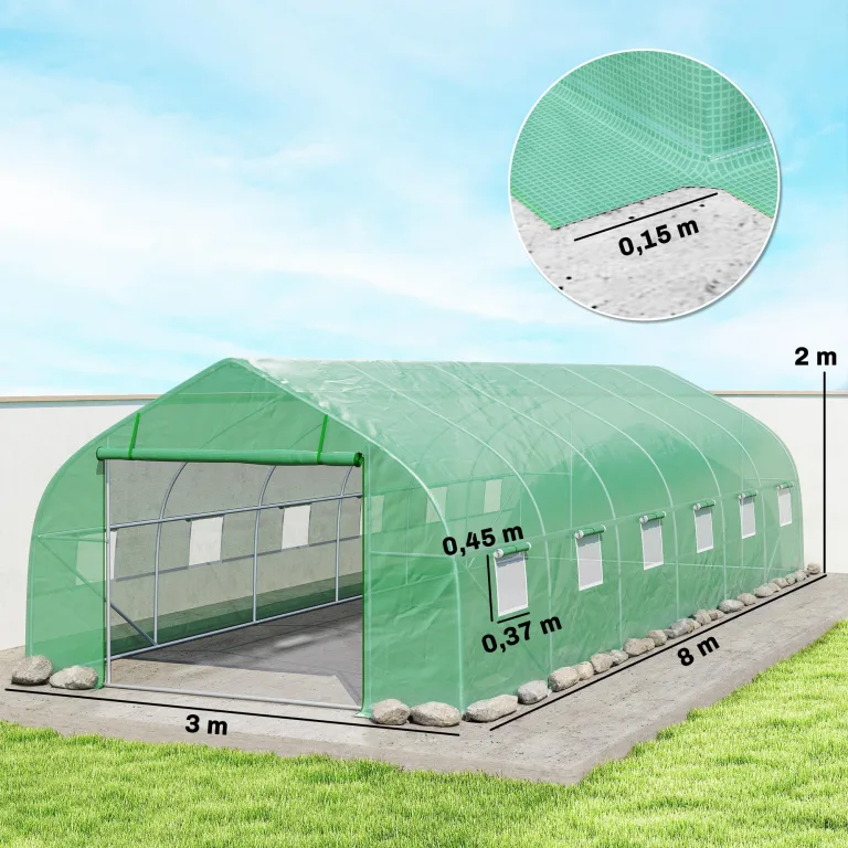 Outsunny Garten-Gewächshaus, Tunnel, 24 ㎡, groß, 8 x 3 x 2 m, mit PE-Plane, verzinkter Stahlrahmen, Ø 24 mm, aufrollbare Tür und 12 Fenster, Grün – Bild 7
