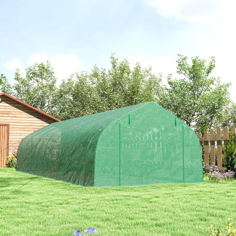 Outsunny Garten-Gewächshaus, Tunnel, 24 ㎡, groß, 8 x 3 x 2 m, mit PE-Plane, verzinkter Stahlrahmen, Ø 24 mm, aufrollbare Tür und 12 Fenster, Grün – Bild 8