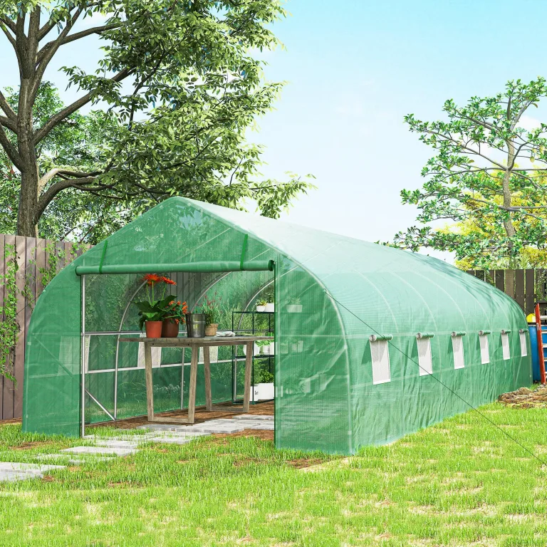 Outsunny Garten-Gewächshaus, Tunnel, 24 ㎡, groß, 8 x 3 x 2 m, mit PE-Plane, verzinkter Stahlrahmen, Ø 24 mm, aufrollbare Tür und 12 Fenster, Grün – Bild 9