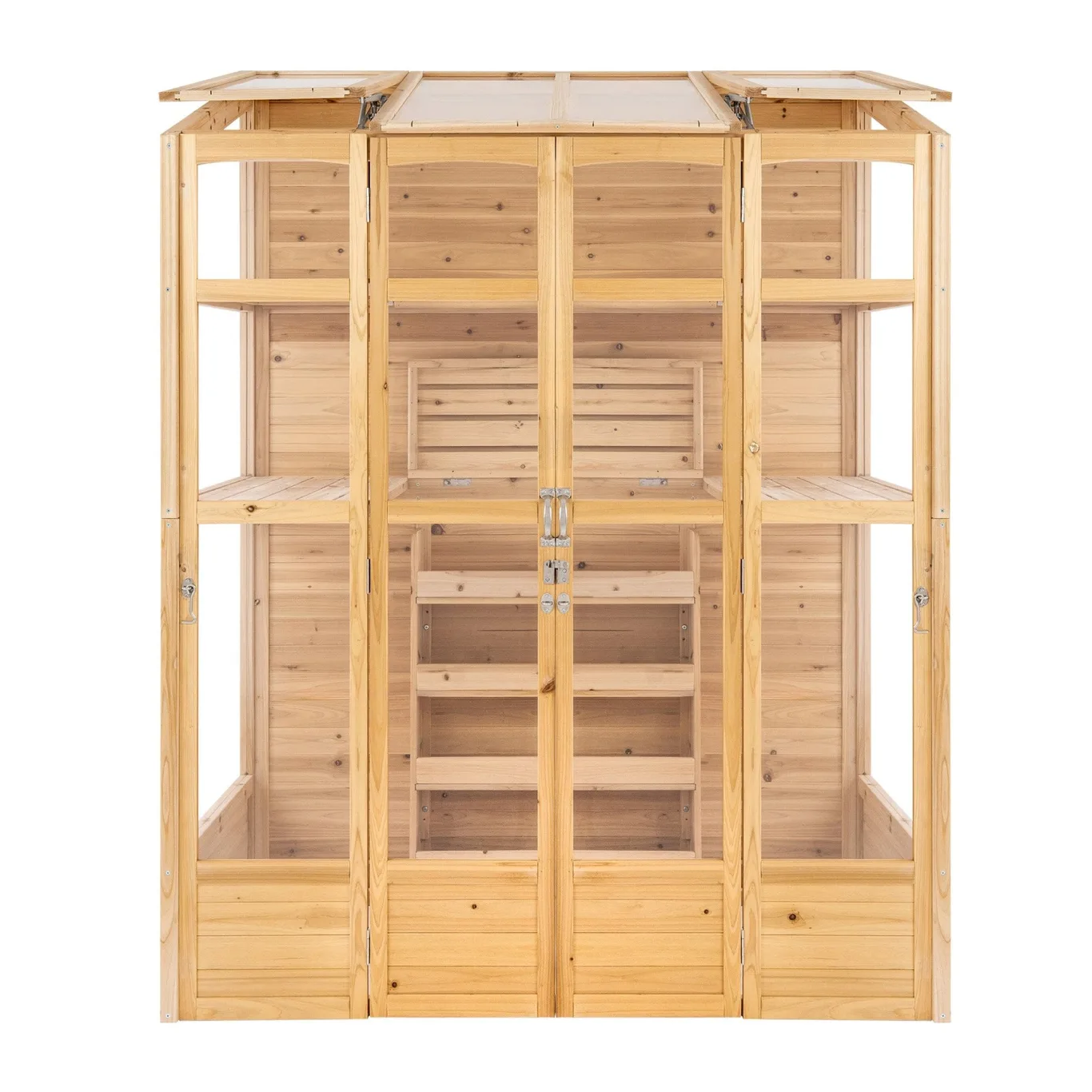 Garten-Gewächshaus 153 x 61 cm Naturholz Klassisch Hohe Wände Treibhaus Tannenholz Wasserfest Lackiert 2 Drehtüren Dachfenster Auto Belüftung Verstellbare Regale Pflanzkasten Türriegel 4 Haken - Bild 1