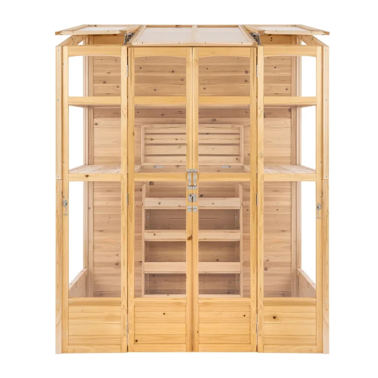 Garten-Gewächshaus 153 x 61 cm Naturholz Klassisch Hohe Wände Treibhaus Tannenholz Wasserfest Lackiert 2 Drehtüren Dachfenster Auto Belüftung Verstellbare Regale Pflanzkasten Türriegel 4 Haken – Bild 1