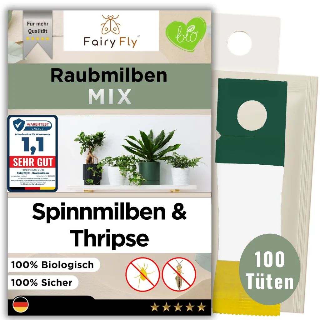 Raubmilben Mix gegen Thripse & Spinnmilben – 100 Tüten (50 x Cucumeris + 50 x Californicus) – Nützlinge für Zimmerpflanzen & Gewächshaus – biologisch & chemiefrei