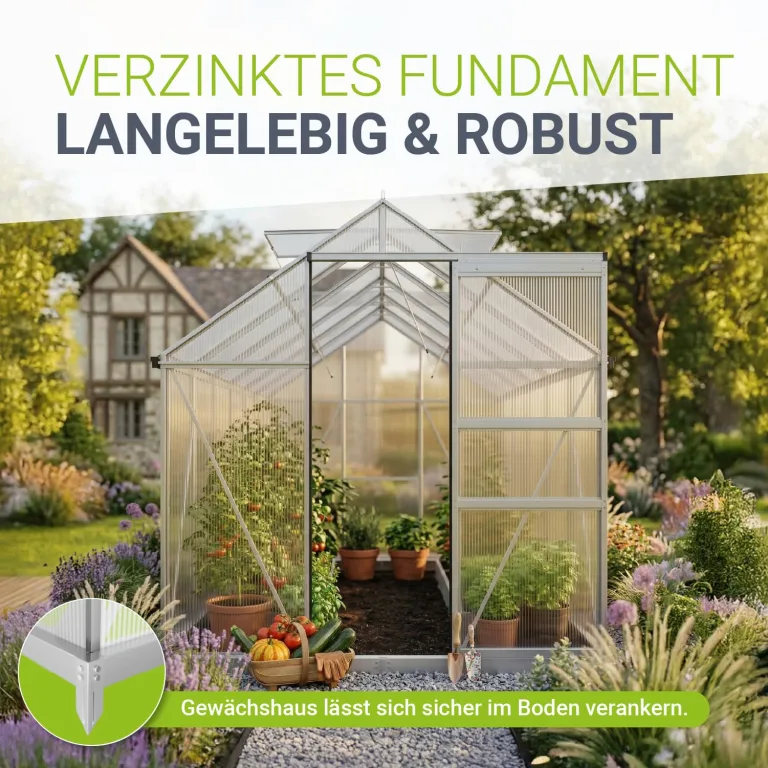 JUSKYS® Gewächshaus 7,2 m² - Aluminiumgestell & Stahlfundament, UV-beständig, abschließbare Schiebetür, belüftbare Dachfenster 61x57 cm – Bild 5