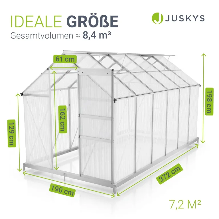 JUSKYS® Gewächshaus 7,2 m² - Aluminiumgestell & Stahlfundament, UV-beständig, abschließbare Schiebetür, belüftbare Dachfenster 61x57 cm – Bild 6