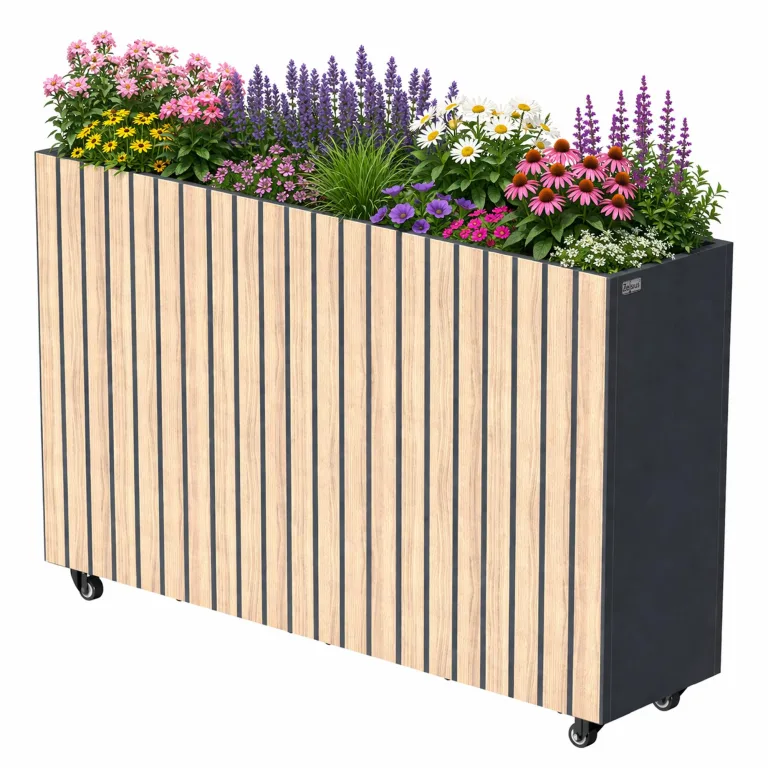 Zelsius Hochbeet verzinkter Stahl mit Rollen 120 x 30 x 80 cm | Anthrazit RAL 7016 Eiche Holzoptik | Pflanzkübel, Blumenkasten, Pflanzbeet, Gemüsebeet, Kräuterbeet, Blumenkübel, Pflanzkasten