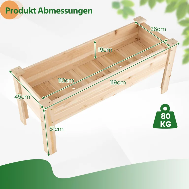 COSTWAY Hochbeet aus Holz, Pflanzbeet für Kinder, 119x45x51cm, Pflanztrog bis 100 kg, Blumenkübel mit Ablauflöchern & L-Beinen, Kräuterbeet rechteckig, Anzuchtbeet Garten Terrasse Balkon, Natur – Bild 2