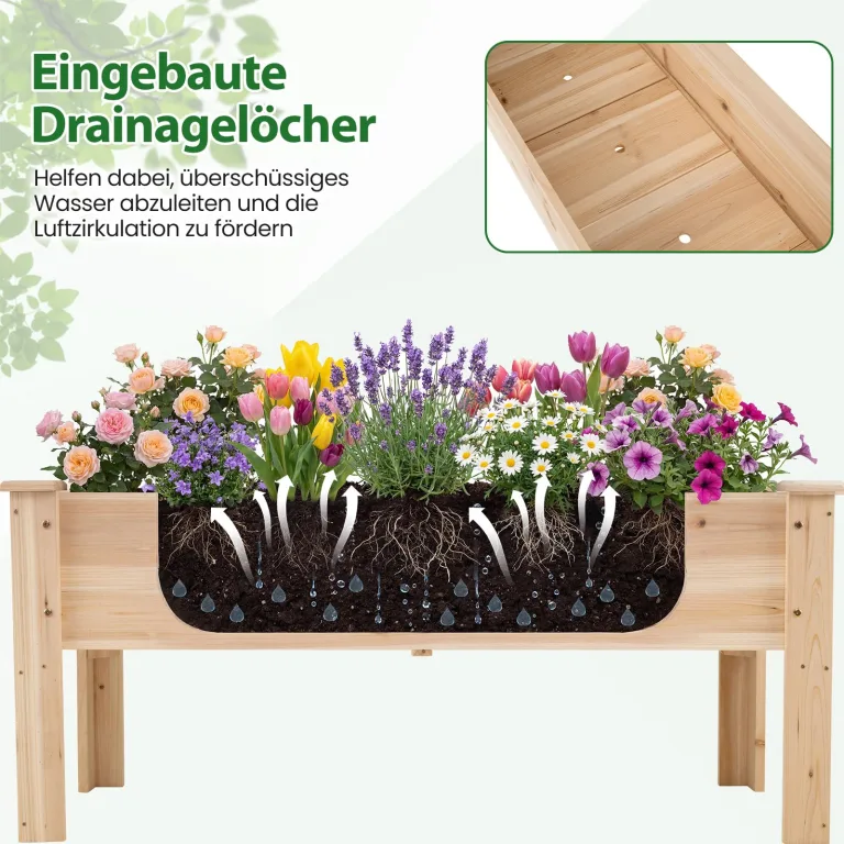 COSTWAY Hochbeet aus Holz, Pflanzbeet für Kinder, 119x45x51cm, Pflanztrog bis 100 kg, Blumenkübel mit Ablauflöchern & L-Beinen, Kräuterbeet rechteckig, Anzuchtbeet Garten Terrasse Balkon, Natur – Bild 4