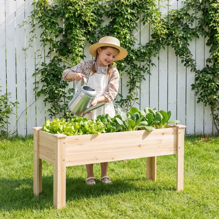 COSTWAY Hochbeet aus Holz, Pflanzbeet für Kinder, 119x45x51cm, Pflanztrog bis 100 kg, Blumenkübel mit Ablauflöchern & L-Beinen, Kräuterbeet rechteckig, Anzuchtbeet Garten Terrasse Balkon, Natur – Bild 7