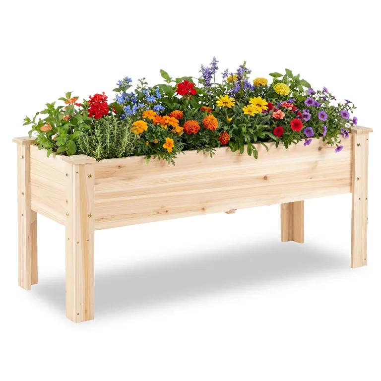 COSTWAY Hochbeet aus Holz, Pflanzbeet für Kinder, 119x45x51cm, Pflanztrog bis 100 kg, Blumenkübel mit Ablauflöchern & L-Beinen, Kräuterbeet rechteckig, Anzuchtbeet Garten Terrasse Balkon, Natur – Bild 1
