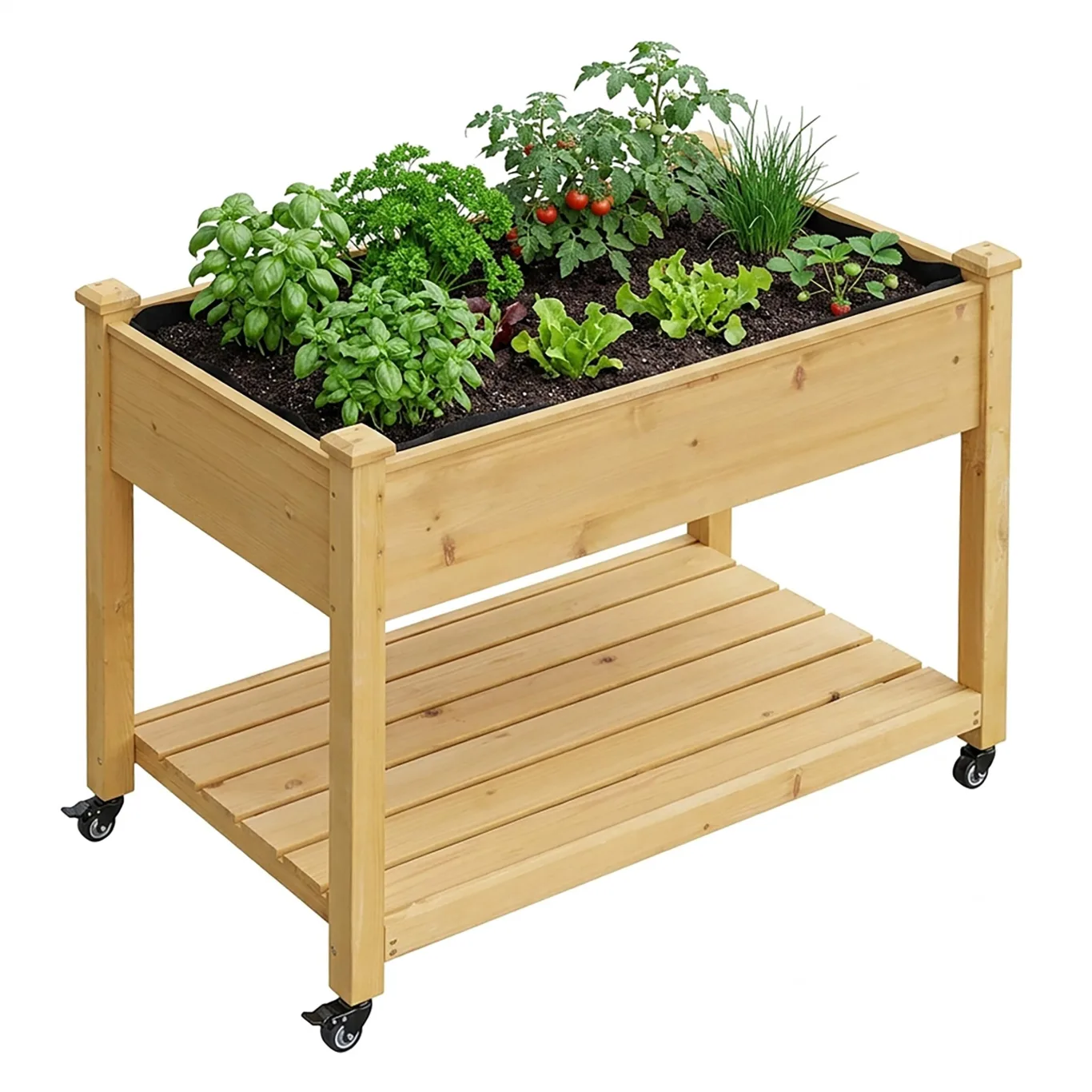 Relaxdays Hochbeet, Rollen, Ablage, HxBxT: 84 x 105 x 56,5 cm, Garten, Balkon & Terrasse, Pflanztisch, Tannenholz, Natur - Bild 1