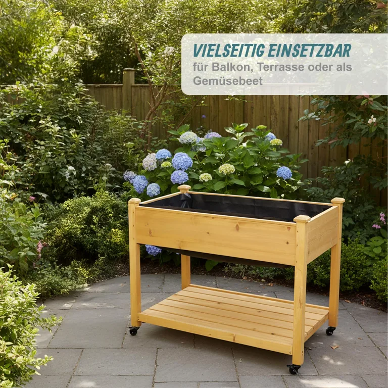 Relaxdays Hochbeet, Rollen, Ablage, HxBxT: 84 x 105 x 56,5 cm, Garten, Balkon & Terrasse, Pflanztisch, Tannenholz, Natur – Bild 3