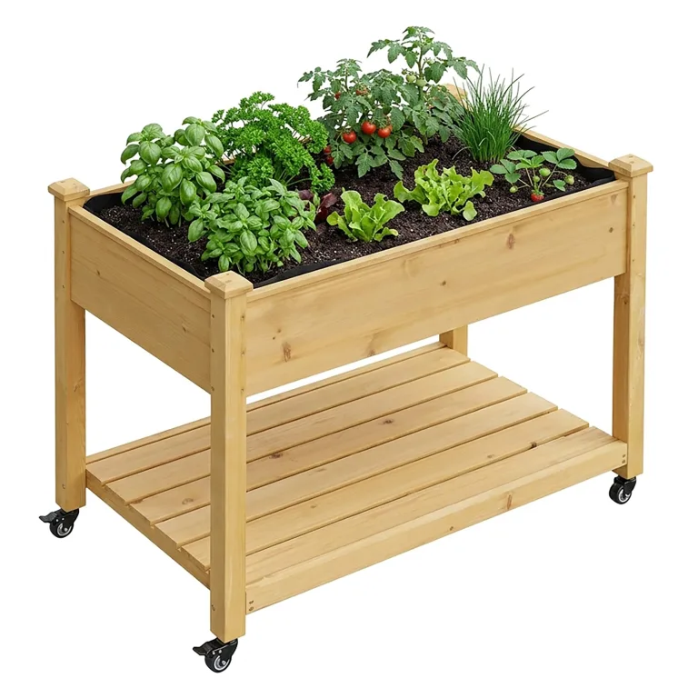 Relaxdays Hochbeet, Rollen, Ablage, HxBxT: 84 x 105 x 56,5 cm, Garten, Balkon & Terrasse, Pflanztisch, Tannenholz, Natur – Bild 1