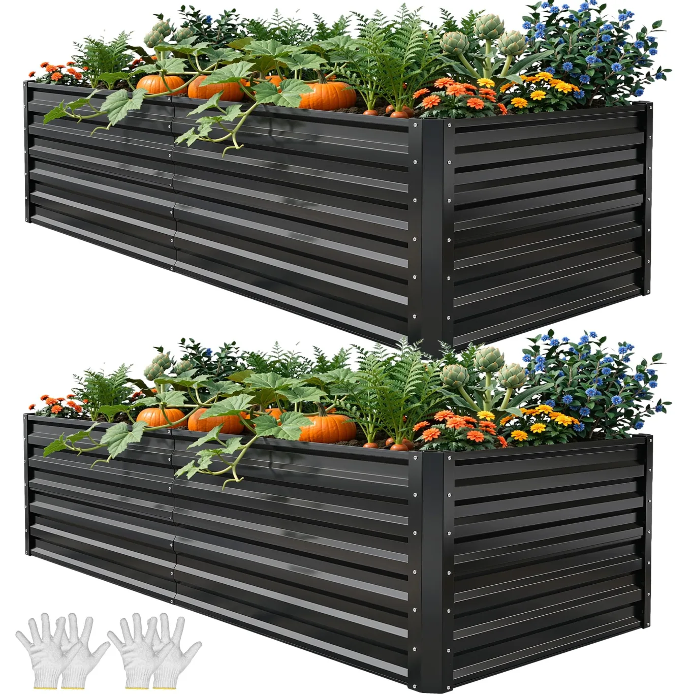 DWVO 2Set Hochbeet Metall, Hochbeete Kit Verdicktem Zink-Aluminium Magnesium Edelstahl Metall Hochbeete für Garten mit Stützstange&Handschuhe für Gemüse, Blumen (Schwarz 180x90x54cm) - Bild 1
