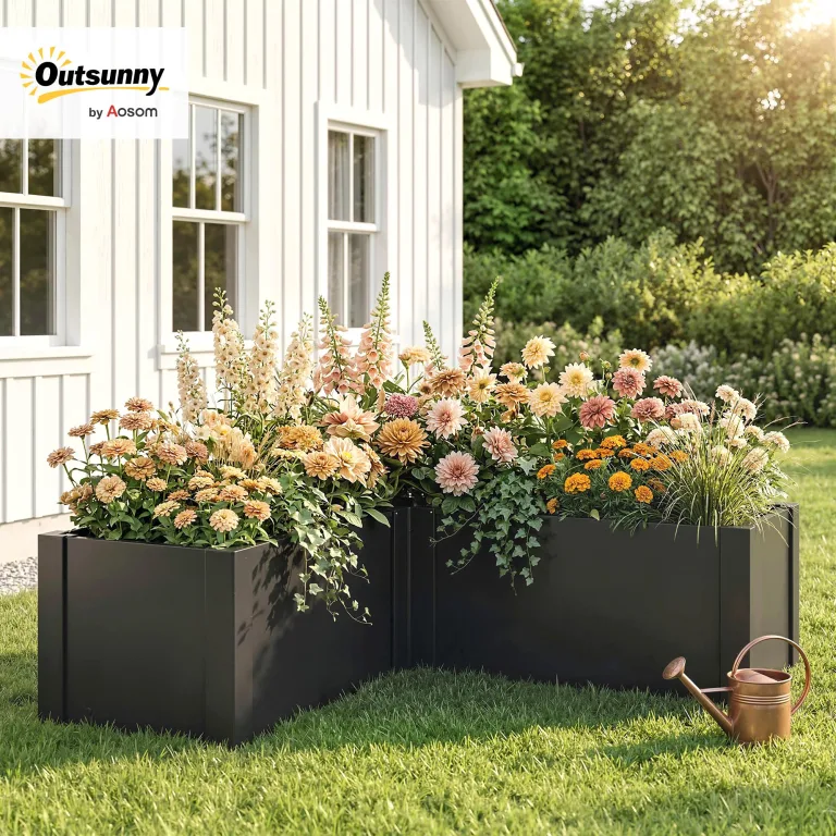 Outsunny Hochbeet L-förmig Blumenhochbeet witterungsbeständig, Pflanzbeet Frühbeet Gartenbeet Pflanzkübel Pflanzkasten aus Verzinkter Stahl, Blumenkasten für Terrasse & Garten, 150 x 150 x 55 cm – Bild 2