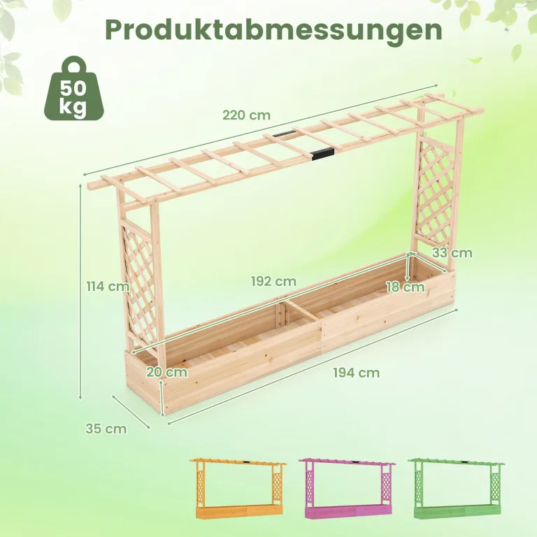COSTWAY Blumenkasten mit Rankgitter, Pflanzkasten mit Rankhilfe & hängendem Dach, Hochbeet für Kletterpflanzen & hängende Körbe, Sichtschutz Pflanzkübel, für Garten Hof Terrasse, 220x35x114 cm,Natur – Bild 3