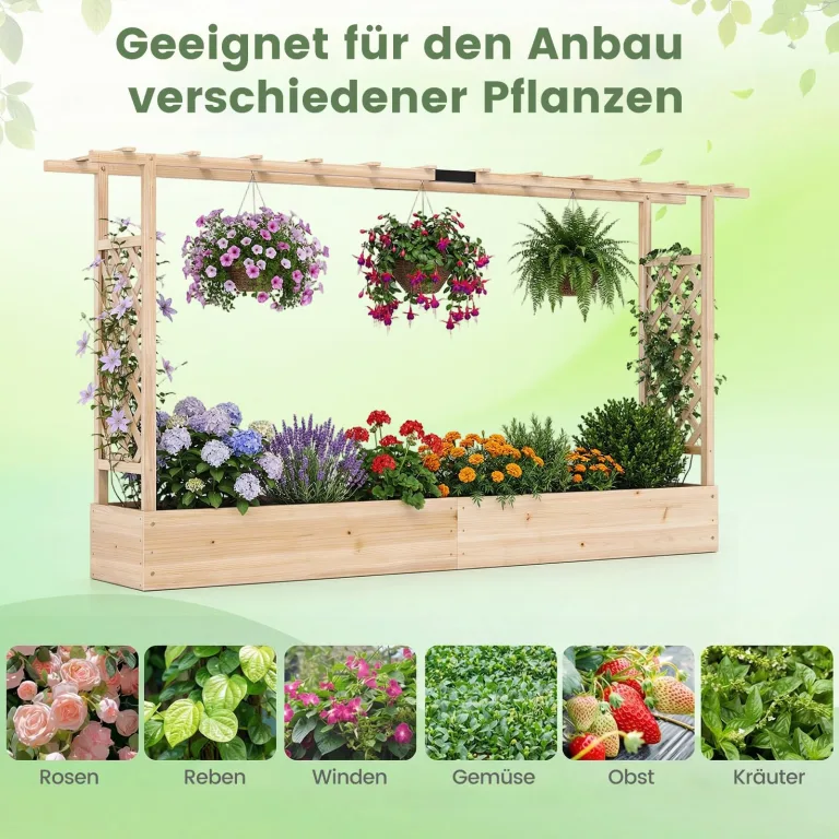 COSTWAY Blumenkasten mit Rankgitter, Pflanzkasten mit Rankhilfe & hängendem Dach, Hochbeet für Kletterpflanzen & hängende Körbe, Sichtschutz Pflanzkübel, für Garten Hof Terrasse, 220x35x114 cm,Natur – Bild 7