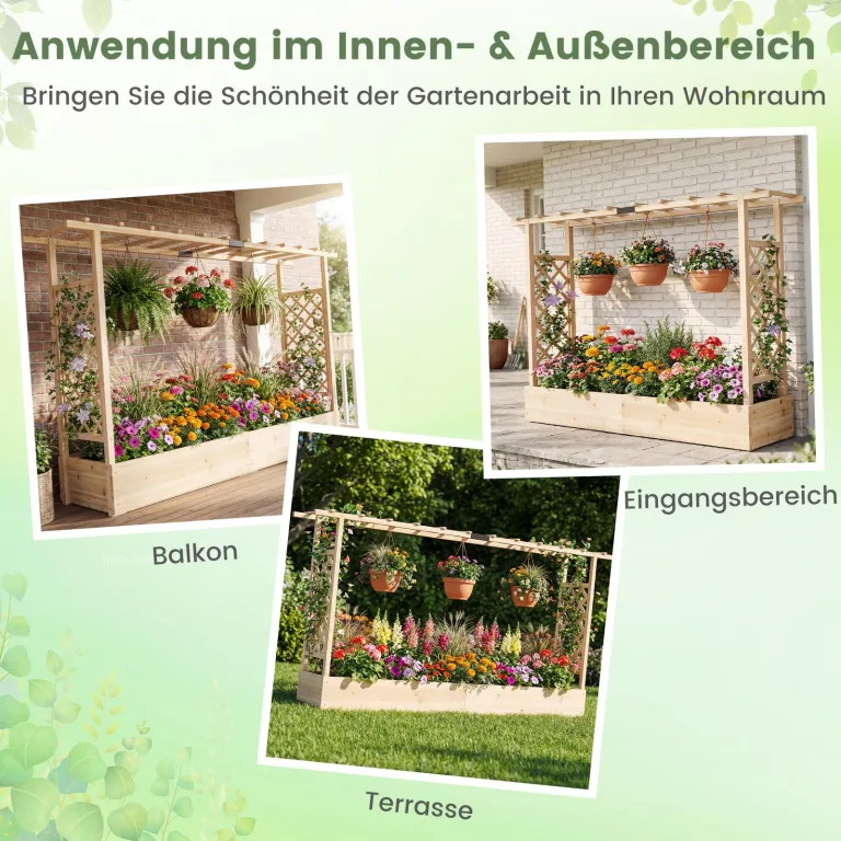 COSTWAY Blumenkasten mit Rankgitter, Pflanzkasten mit Rankhilfe & hängendem Dach, Hochbeet für Kletterpflanzen & hängende Körbe, Sichtschutz Pflanzkübel, für Garten Hof Terrasse, 220x35x114 cm,Natur – Bild 8
