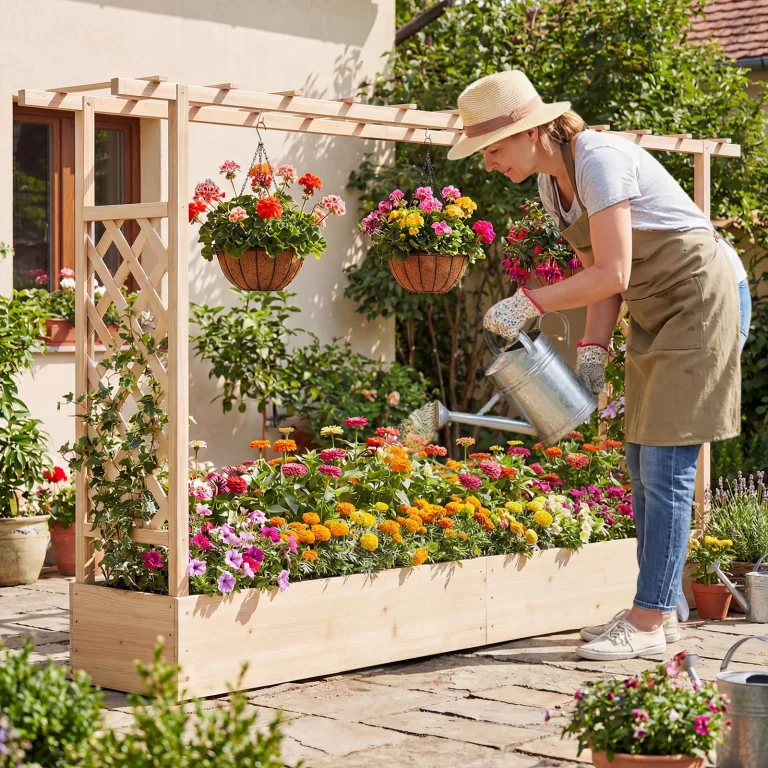 COSTWAY Blumenkasten mit Rankgitter, Pflanzkasten mit Rankhilfe & hängendem Dach, Hochbeet für Kletterpflanzen & hängende Körbe, Sichtschutz Pflanzkübel, für Garten Hof Terrasse, 220x35x114 cm,Natur – Bild 9