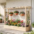COSTWAY Blumenkasten mit Rankgitter, Pflanzkasten mit Rankhilfe & hängendem Dach, Hochbeet für Kletterpflanzen & hängende Körbe, Sichtschutz Pflanzkübel, für Garten Hof Terrasse, 220x35x114 cm,Natur - Thumbnail 2