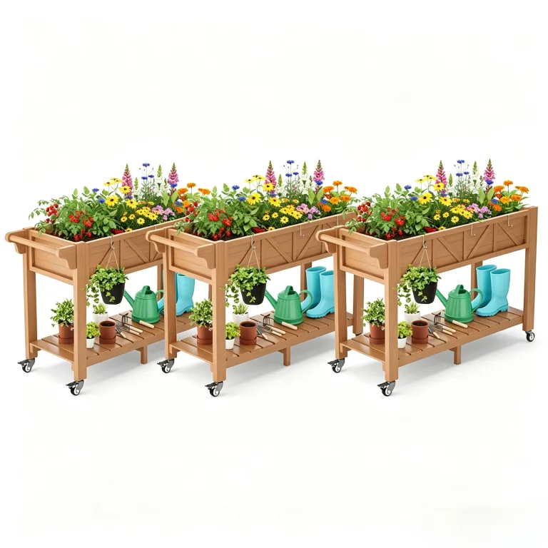 Hochbeet 120x44x70cm, Metall Hochbeet mit Rollen & Griff, 3 Haken & Vlieseinlage, Für Gemüse Blumen Kräuter, Garten Balkon Terrasse, Teak Optik – Bild 1