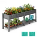 Hochbeet 120x44x70cm, Metall Hochbeet mit Rollen & Griff, 3 Haken & Vlieseinlage, Für Gemüse Blumen Kräuter, Garten Balkon Terrasse, Teak Optik - Thumbnail 7