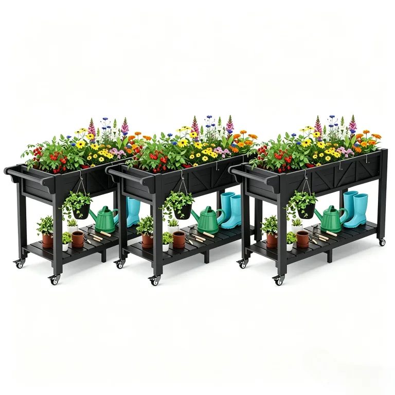 Hochbeet 120x44x70cm, Metall Hochbeet mit Rollen & Griff, 3 Haken & Vlieseinlage, Für Gemüse Blumen Kräuter, Garten Balkon Terrasse, Schwarz – Bild 1