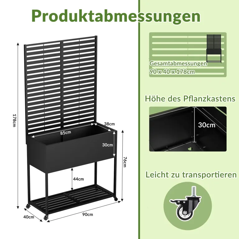 Hochbeete mit Sichtschutz, Metall-Pflanzkasten mit Rankgitter und Ablagefläche, erhöhtes, stehendes Hochbeet mit Abflusslöchern und Rollen für Kletterpflanzen – Bild 2