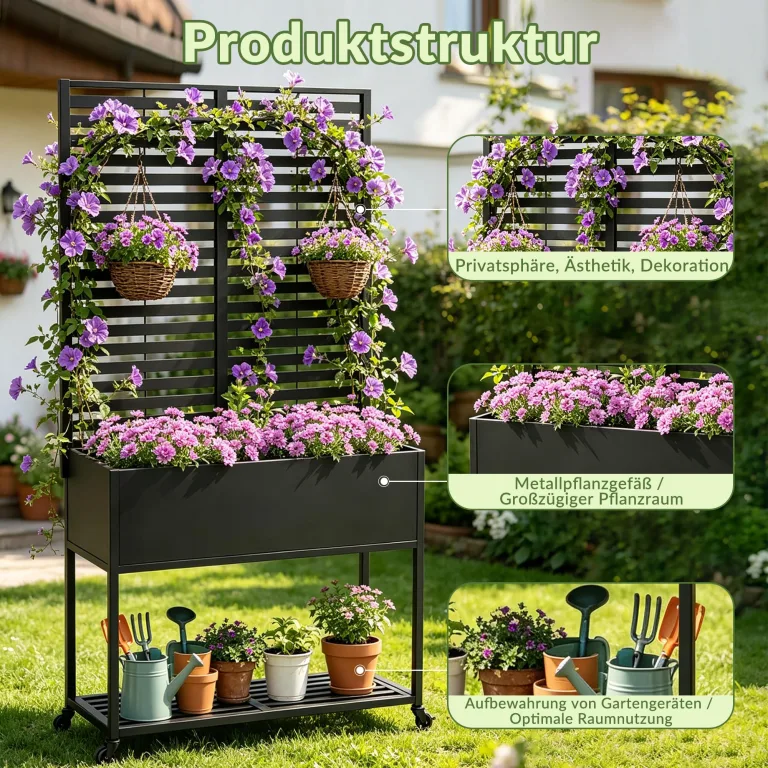 Hochbeete mit Sichtschutz, Metall-Pflanzkasten mit Rankgitter und Ablagefläche, erhöhtes, stehendes Hochbeet mit Abflusslöchern und Rollen für Kletterpflanzen – Bild 3