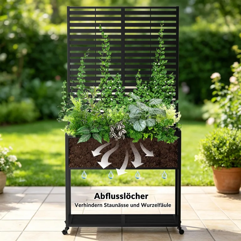 Hochbeete mit Sichtschutz, Metall-Pflanzkasten mit Rankgitter und Ablagefläche, erhöhtes, stehendes Hochbeet mit Abflusslöchern und Rollen für Kletterpflanzen – Bild 4