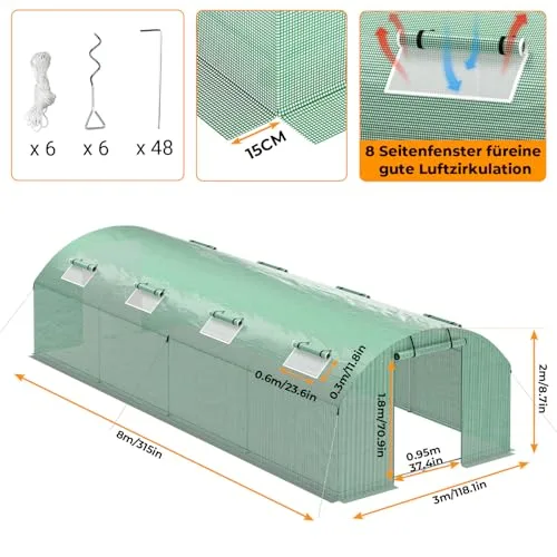 300x800x200 cm Foliengewächshaus Winterfest mit extra stabilem Stahlrahmen, 16 Fenster & 4 Reißverschlusstüren, 2 x 140g/m² PE UV50+, Tomaten Gewächshaus inkl. 54 Erdanker Set – Bild 10