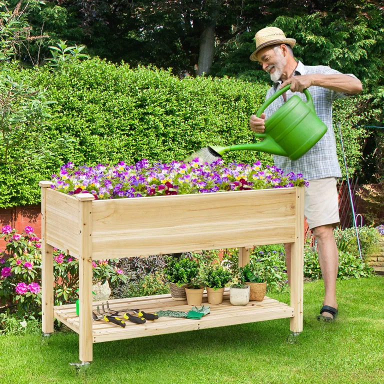 COSTWAY Hochbeet mit Rollen & Ablage, Erhöhtes Gartenbeet aus Holz, Pflanzkasten mit Abflusslöcher & Abdeckfolie, Tannenholz, Kräuterbeet für Balkon Garten Terrasse, 120 x 59 x 84 cm, Natur – Bild 2
