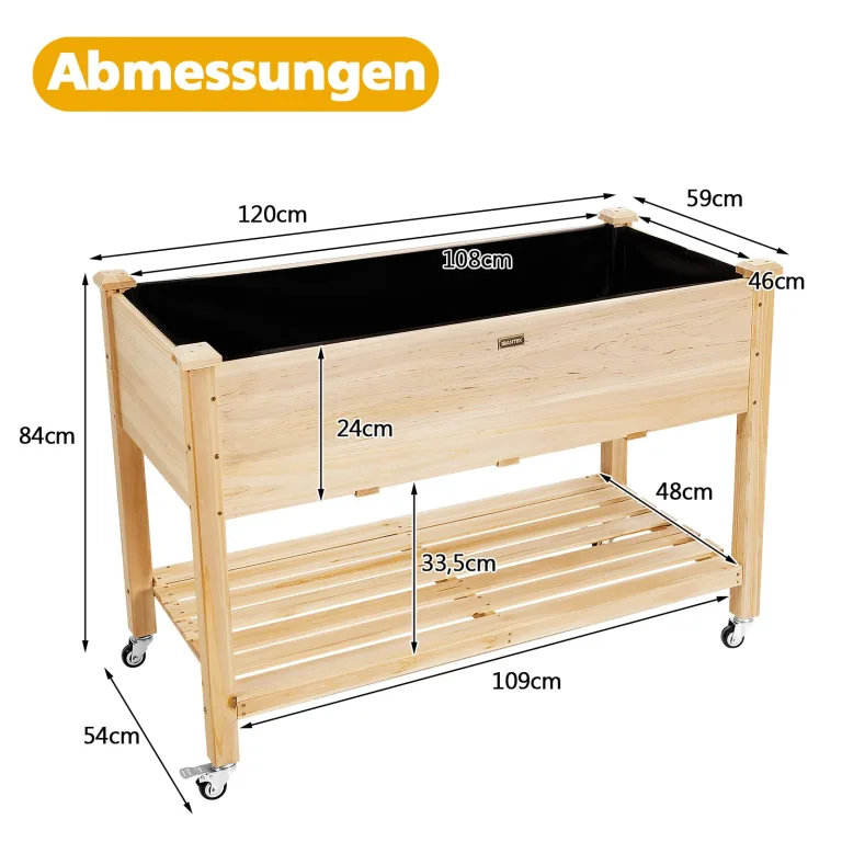 COSTWAY Hochbeet mit Rollen & Ablage, Erhöhtes Gartenbeet aus Holz, Pflanzkasten mit Abflusslöcher & Abdeckfolie, Tannenholz, Kräuterbeet für Balkon Garten Terrasse, 120 x 59 x 84 cm, Natur – Bild 3
