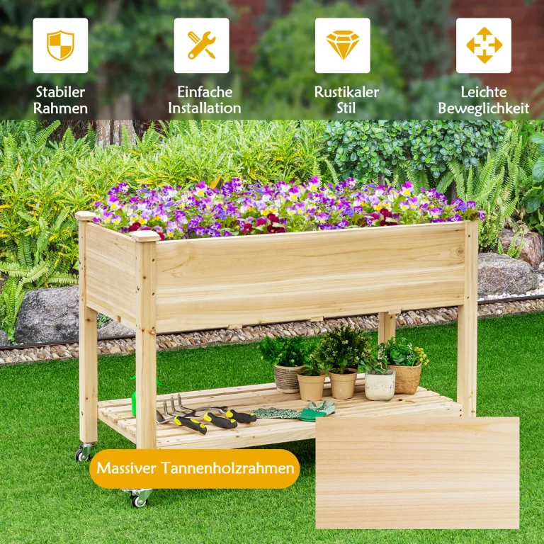 COSTWAY Hochbeet mit Rollen & Ablage, Erhöhtes Gartenbeet aus Holz, Pflanzkasten mit Abflusslöcher & Abdeckfolie, Tannenholz, Kräuterbeet für Balkon Garten Terrasse, 120 x 59 x 84 cm, Natur – Bild 7
