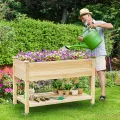 COSTWAY Hochbeet mit Rollen & Ablage, Erhöhtes Gartenbeet aus Holz, Pflanzkasten mit Abflusslöcher & Abdeckfolie, Tannenholz, Kräuterbeet für Balkon Garten Terrasse, 120 x 59 x 84 cm, Natur - Thumbnail 2