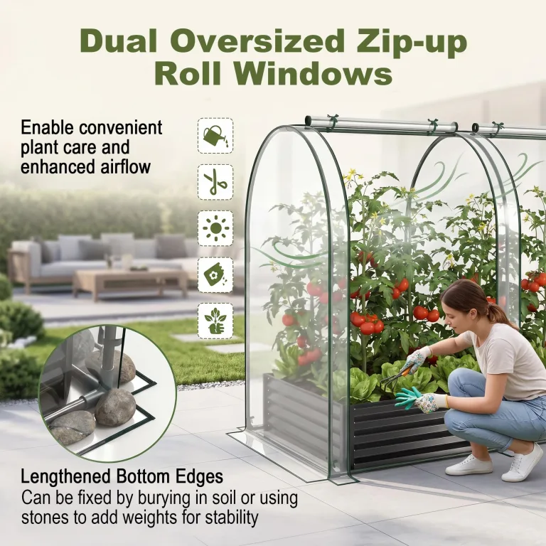 HOMASIS 3 in 1 Gewächshaus mit Hochbeet, Foliengewächshaus mit PVC-Abdeckung, Frühbeet aus Metall, Tomatenhaus Treibhaus mit 2 Fenstern, Blumenkasten für Garten Balkon (Schwarz, 198x100x145cm) – Bild 8