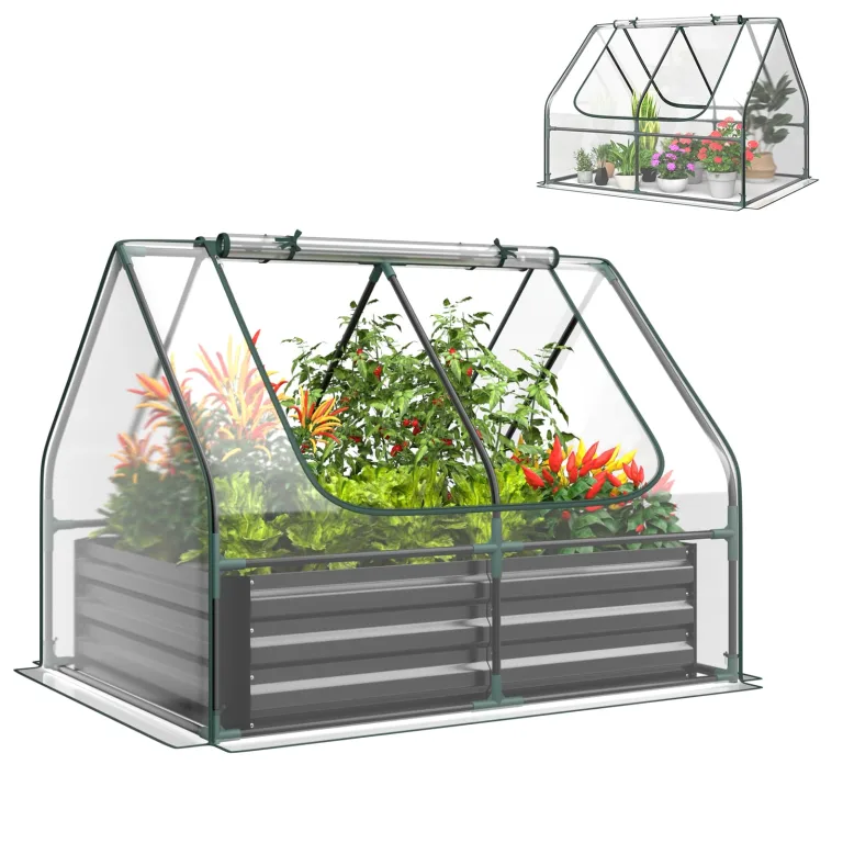 HOMASIS 3 in 1 Gewächshaus mit Hochbeet, Foliengewächshaus mit PVC-Abdeckung, Frühbeet aus Metall, Tomatenhaus Treibhaus mit 2 Fenstern, Blumenkasten für Garten Balkon (Schwarz, 198x100x145cm) – Bild 10