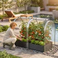 HOMASIS 3 in 1 Gewächshaus mit Hochbeet, Foliengewächshaus mit PVC-Abdeckung, Frühbeet aus Metall, Tomatenhaus Treibhaus mit 2 Fenstern, Blumenkasten für Garten Balkon (Schwarz, 198x100x145cm) - Thumbnail 2