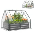 HOMASIS 3 in 1 Gewächshaus mit Hochbeet, Foliengewächshaus mit PVC-Abdeckung, Frühbeet aus Metall, Tomatenhaus Treibhaus mit 2 Fenstern, Blumenkasten für Garten Balkon (Schwarz, 198x100x145cm) - Thumbnail 10