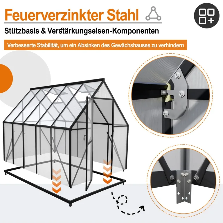 Gewächshaus Aluminium, 280 x 180 x 195 cm, Garten Gewächshaus mit 6 cm Fundament, winterfestes Treibhaus für Pflanzen, Tomatenhaus & Frühbeet – Bild 7