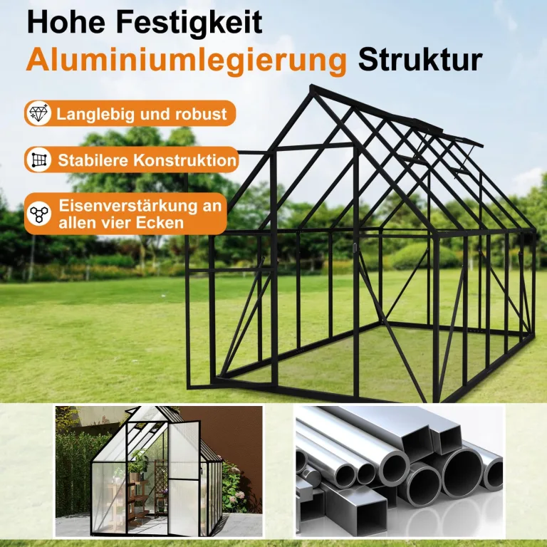Gewächshaus Aluminium, 280 x 180 x 195 cm, Garten Gewächshaus mit 6 cm Fundament, winterfestes Treibhaus für Pflanzen, Tomatenhaus & Frühbeet – Bild 8