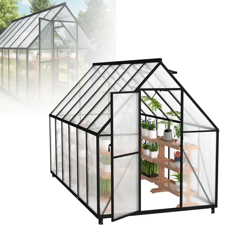 Gewächshaus Aluminium, 280 x 180 x 195 cm, Garten Gewächshaus mit 6 cm Fundament, winterfestes Treibhaus für Pflanzen, Tomatenhaus & Frühbeet – Bild 10