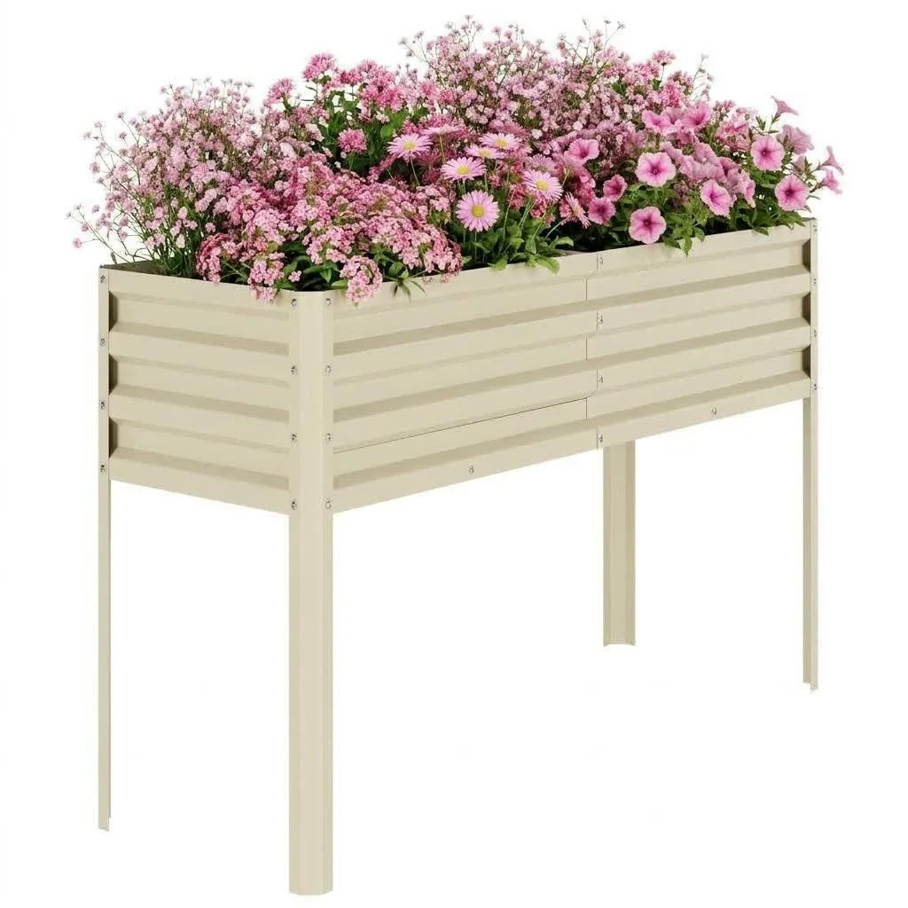 Acekool Hochbeet Metall 127x80x44 cm—Mit Beinen Und Wasserspeicher, 0,6 mm Stahlblech, Hochbeete Für Garten Und Gemüsegarten, Gemüse & Pflanzen, Ideal Für Gemüse, Kräuter & Blumen, Creme