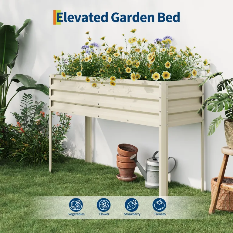Acekool Hochbeet Metall 127x80x44 cm—Mit Beinen Und Wasserspeicher, 0,6 mm Stahlblech, Hochbeete Für Garten Und Gemüsegarten, Gemüse & Pflanzen, Ideal Für Gemüse, Kräuter & Blumen, Creme – Bild 5