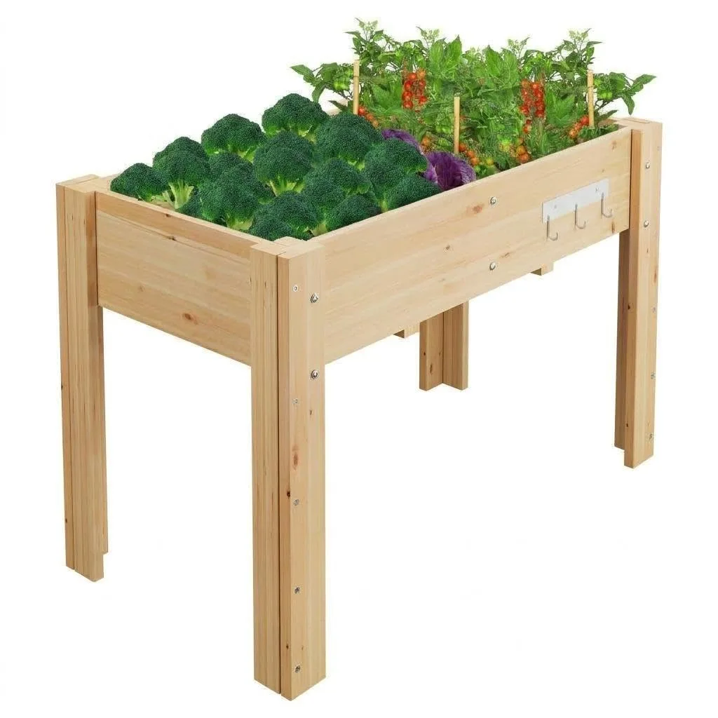 Acekool Hochbeet Mit Beinen 120x60x76 cm—Holz, Mit 3 Haken, Mit Vlieseinlage, Als Hochbeet Für Gemüse, Kräuter & Blumen, Für Balkon, Hof & Garten, Wetterfest & Einfache Montage - Bild 1