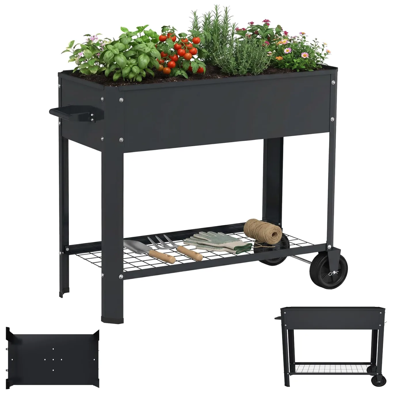 LZQ Hochbeet Metall mit Rädern & Griff, Pflanzkasten mit Ablage Gartenbeet Blumenkasten erhöht Kräuterbeet Gemüsebeet Pflanzbeet für Balkon Terrasse, verzinkt Hochbeet auf Beinen 80x35x80cm Schwarz - Bild 1