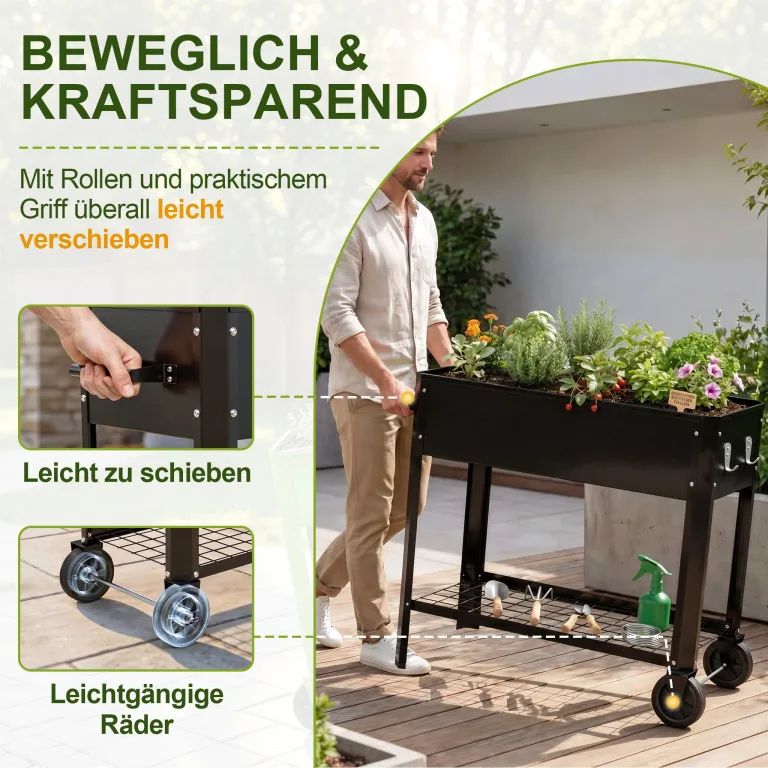 LZQ Hochbeet Metall mit Rädern & Griff, Pflanzkasten mit Ablage Gartenbeet Blumenkasten erhöht Kräuterbeet Gemüsebeet Pflanzbeet für Balkon Terrasse, verzinkt Hochbeet auf Beinen 80x35x80cm Schwarz – Bild 4